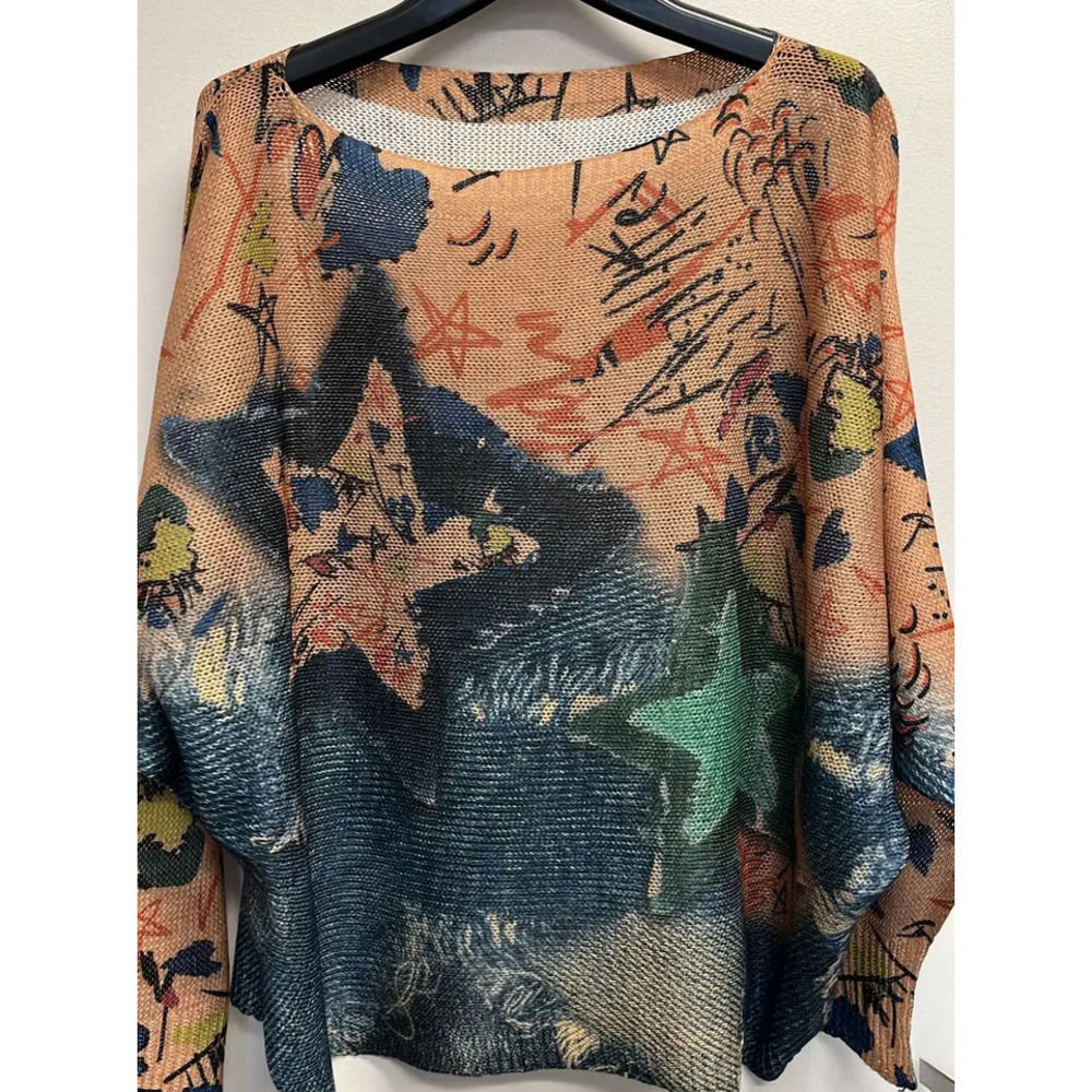 L65 Loowie Peach Stars Round Neck Knit Printed Sweater One Size